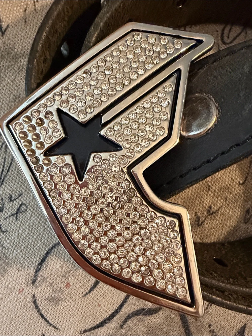 Famous Star & Straps Black Leather Belt w. Buckle Initial F Silver Metal 36